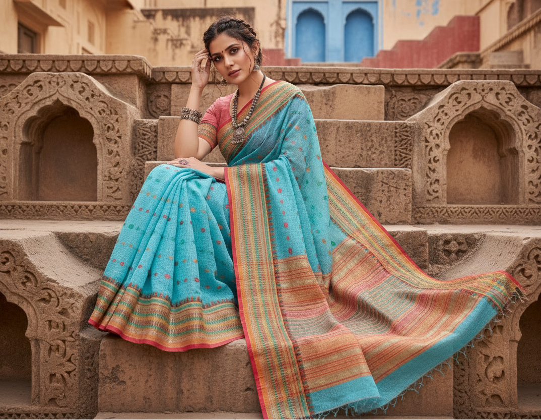Women's Kota Doria Cotton Woven Butta Saree With Blouse (Sky Blue, 5-6 Mtrs) Kashvii