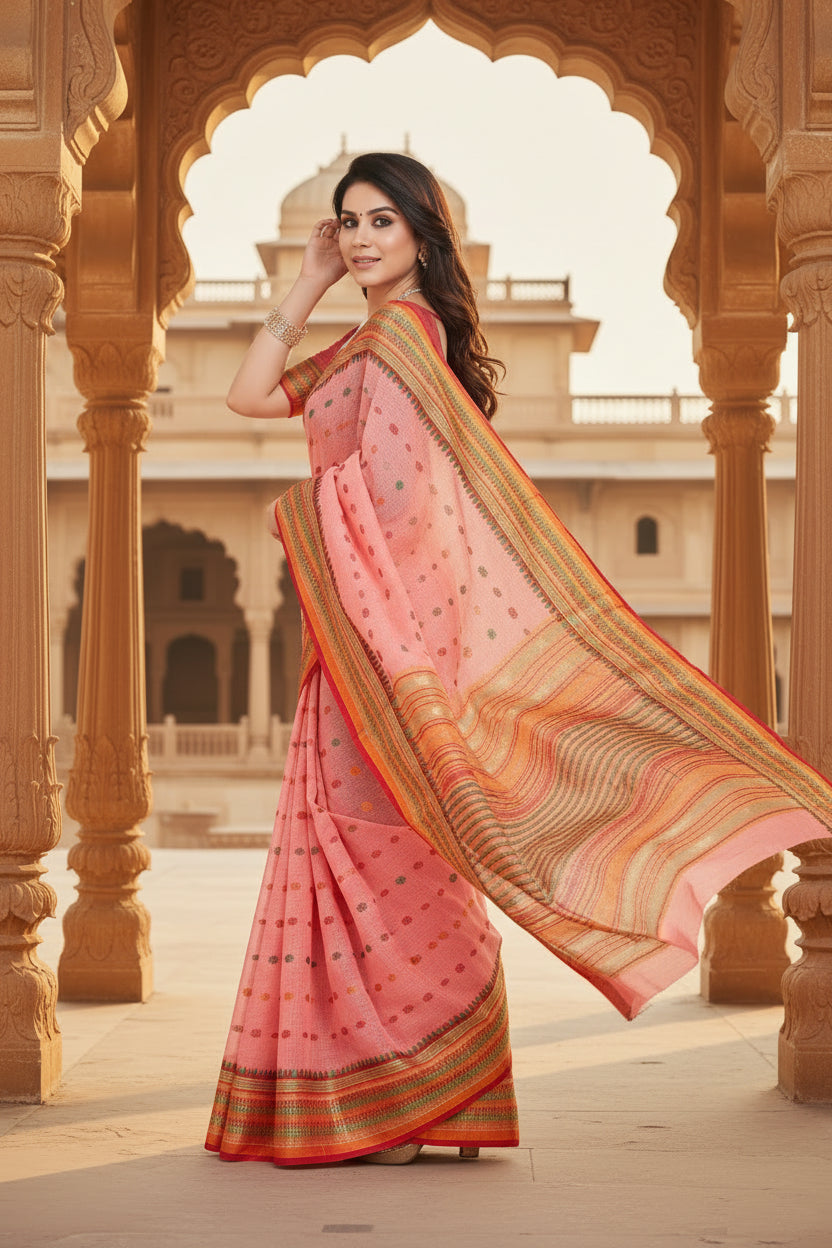 Women's Kota Doria Cotton Woven Butta Saree With Blouse (Pink, 5-6 Mtrs) Kashvii