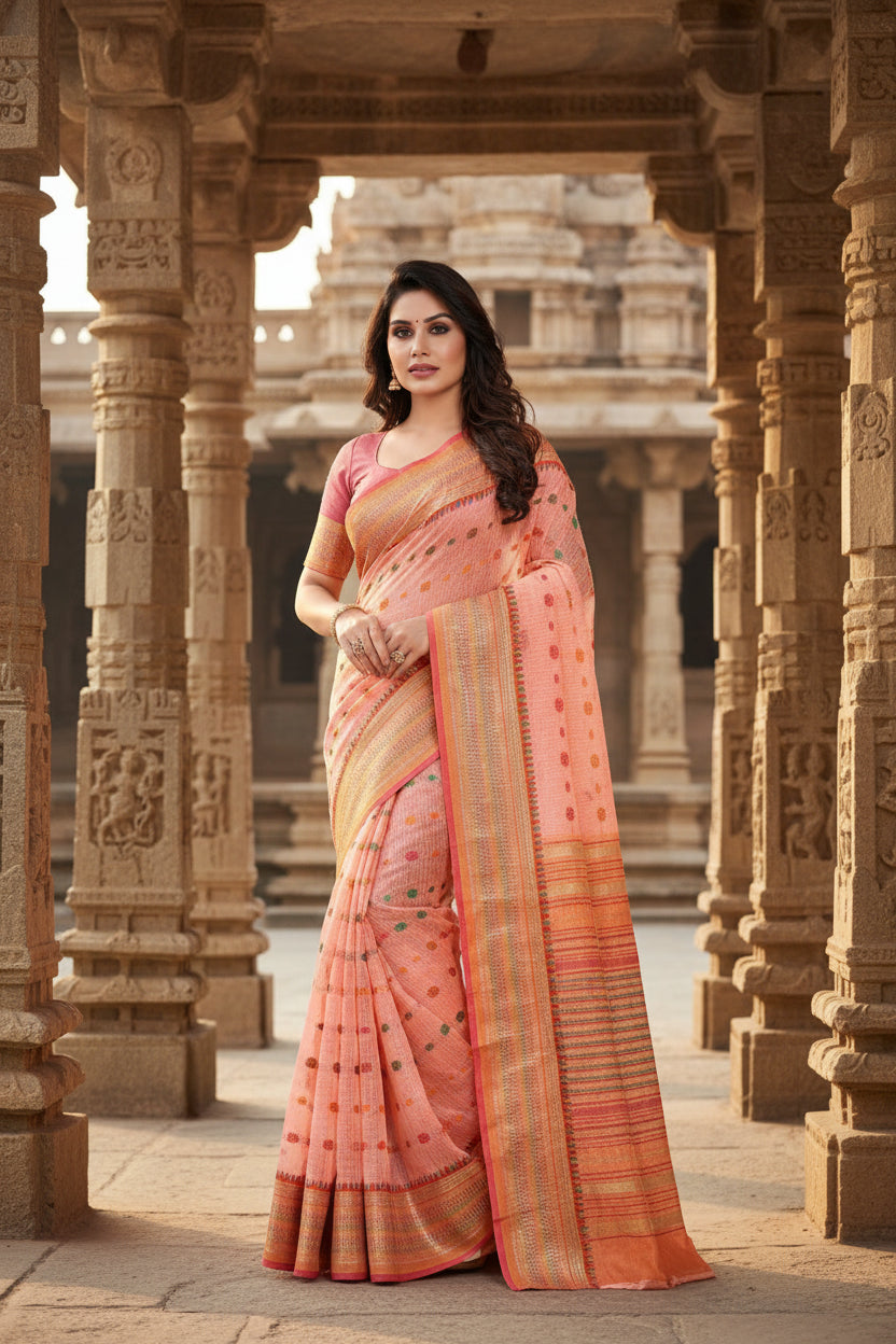 Women's Kota Doria Cotton Woven Butta Saree With Blouse (Peach, 5-6 Mtrs) Kashvii