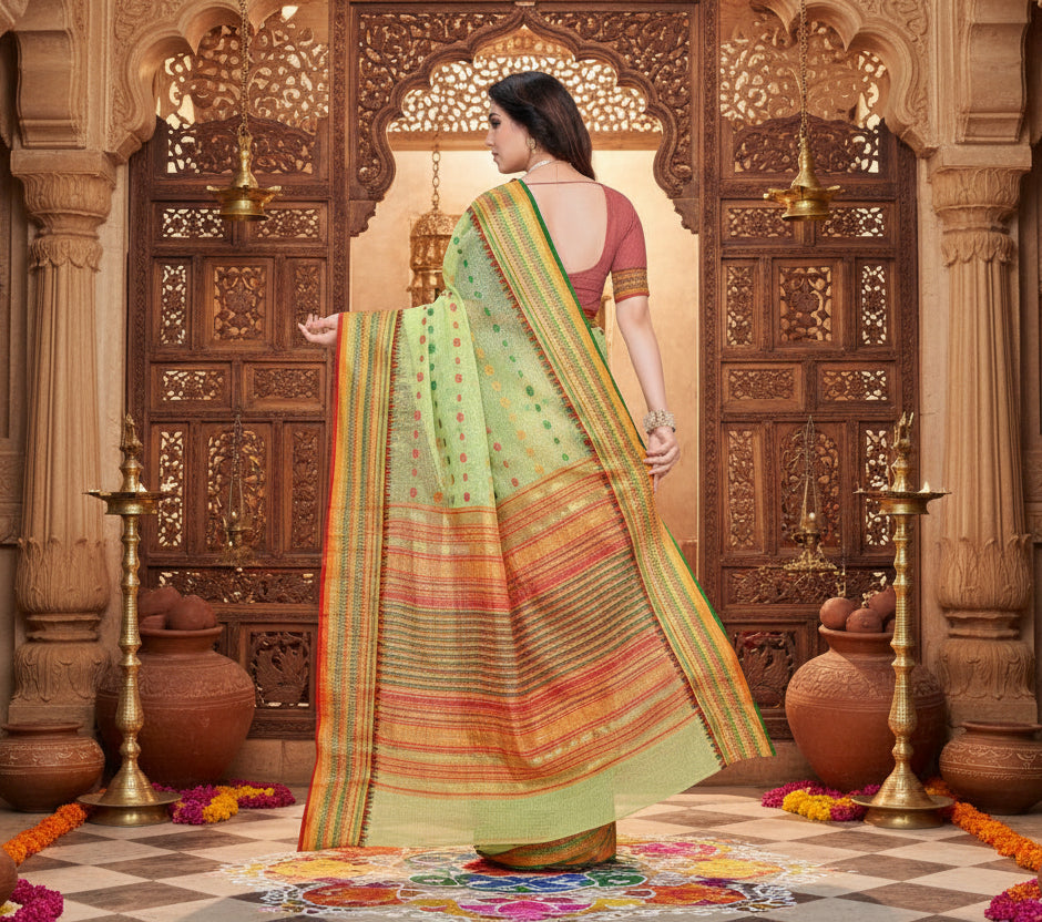 Women's Kota Doria Cotton Woven Butta Saree With Blouse (Light Green, 5-6 Mtrs) Kashvii