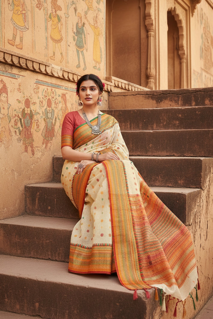 Women's kota doria cotton woven butta saree with blouse (cream, 5 6 mtrs) kashvii