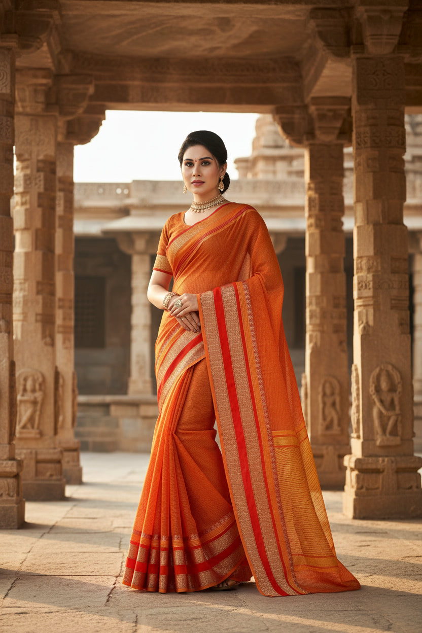 Women's kota doria cotton border saree with blouse (orange, 5 6 mtrs) kashvii
