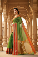 Load image into Gallery viewer, Women's Kota Doria Cotton Border Saree With Blouse (Green, 5-6 Mtrs) Kashvii
