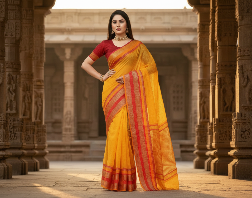 Women's Kota Doria Cotton Border Saree With Blouse (Gold, 5-6 Mtrs) Kashvii