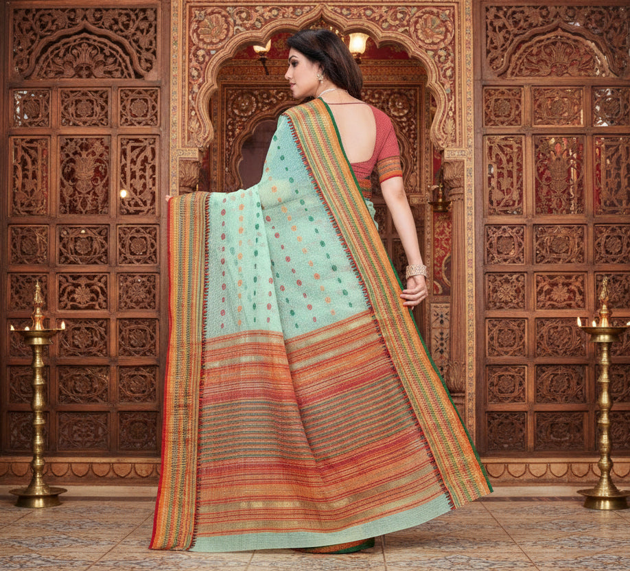 Women's Kota Doria Cotton Woven Butta Saree With Blouse (Pista, 5-6 Mtrs) Kashvii