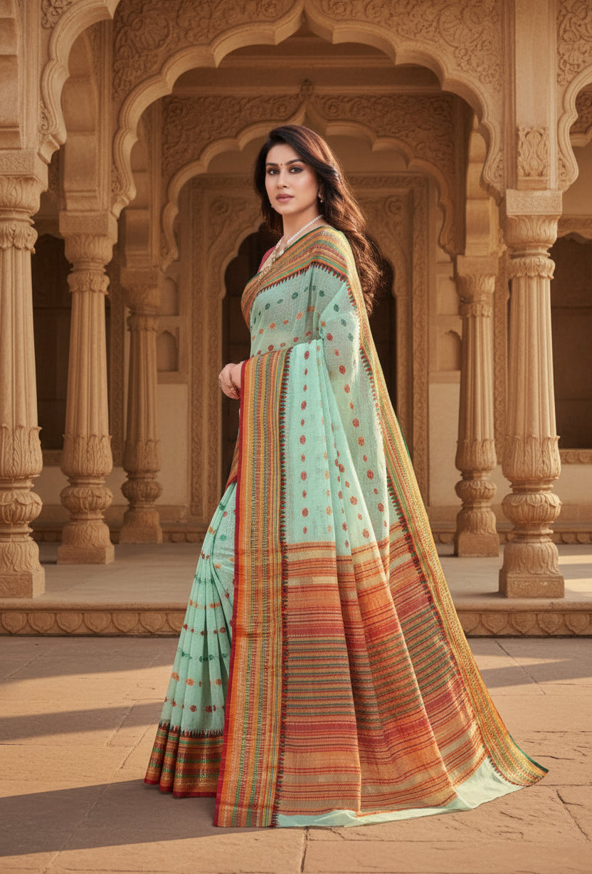 Women's kota doria cotton woven butta saree with blouse (pista, 5 6 mtrs) kashvii