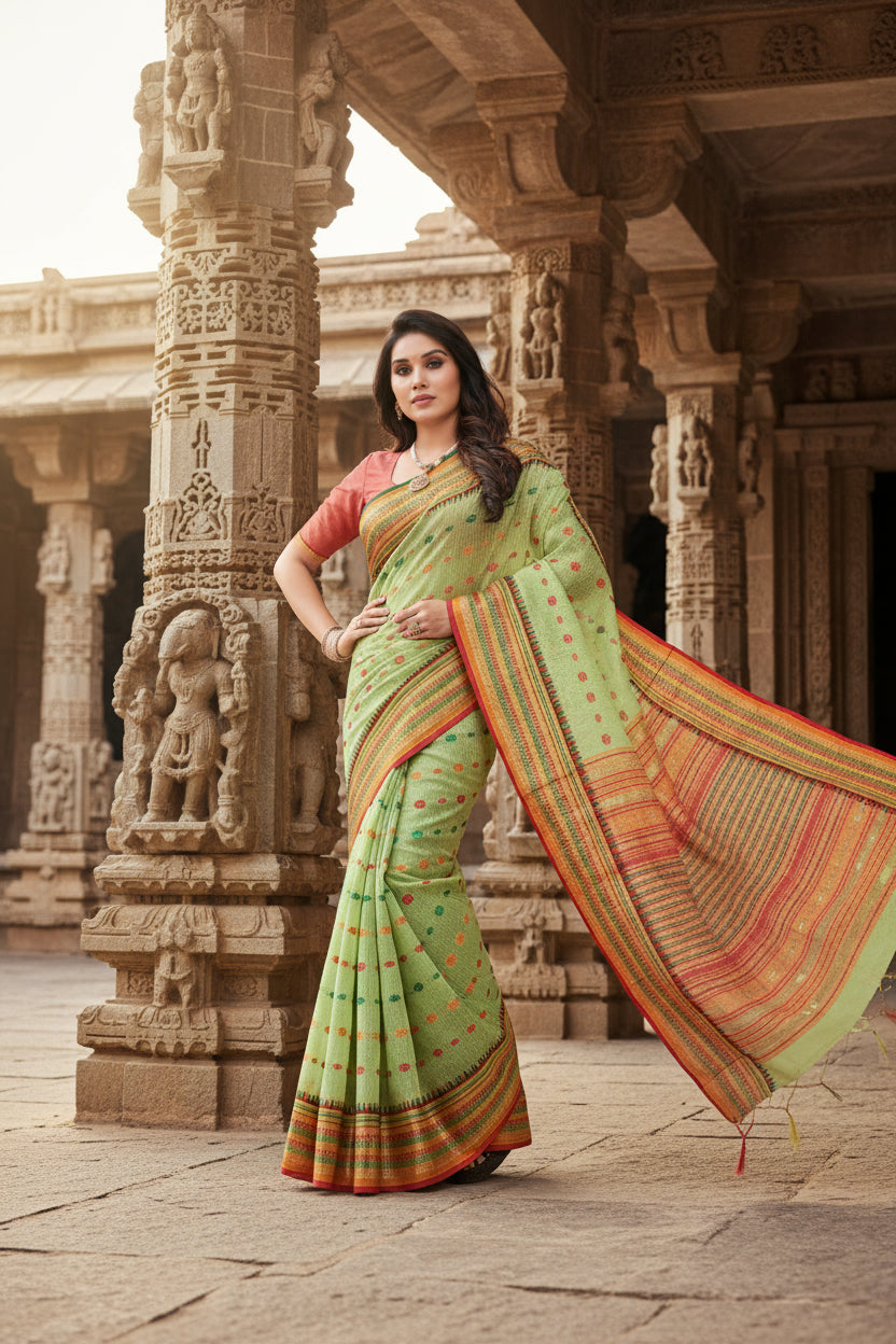 Women's kota doria cotton woven butta saree with blouse (light green, 5 6 mtrs) kashvii