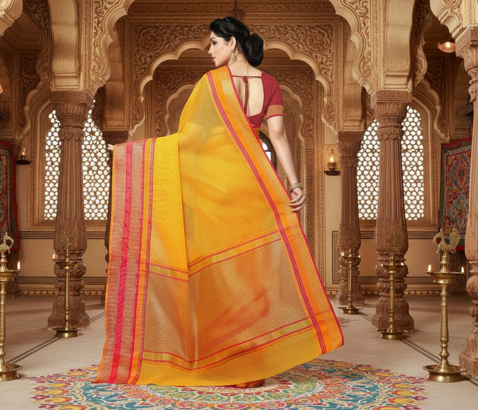 Women's Kota Doria Cotton Border Saree With Blouse (Gold, 5-6 Mtrs) Kashvii