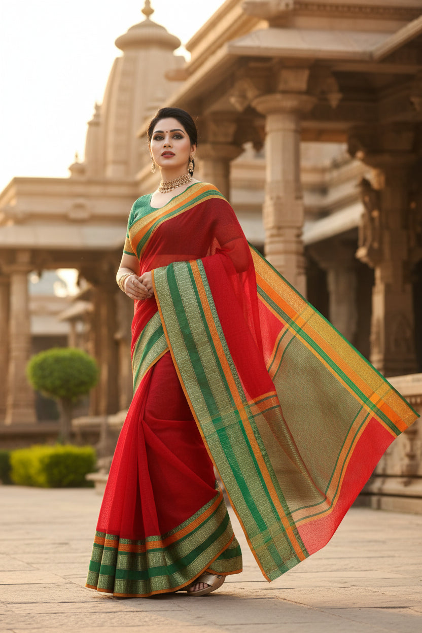 Women's Kota Doria Cotton Border Saree With Blouse (Red, 5-6 Mtrs) Kashvii