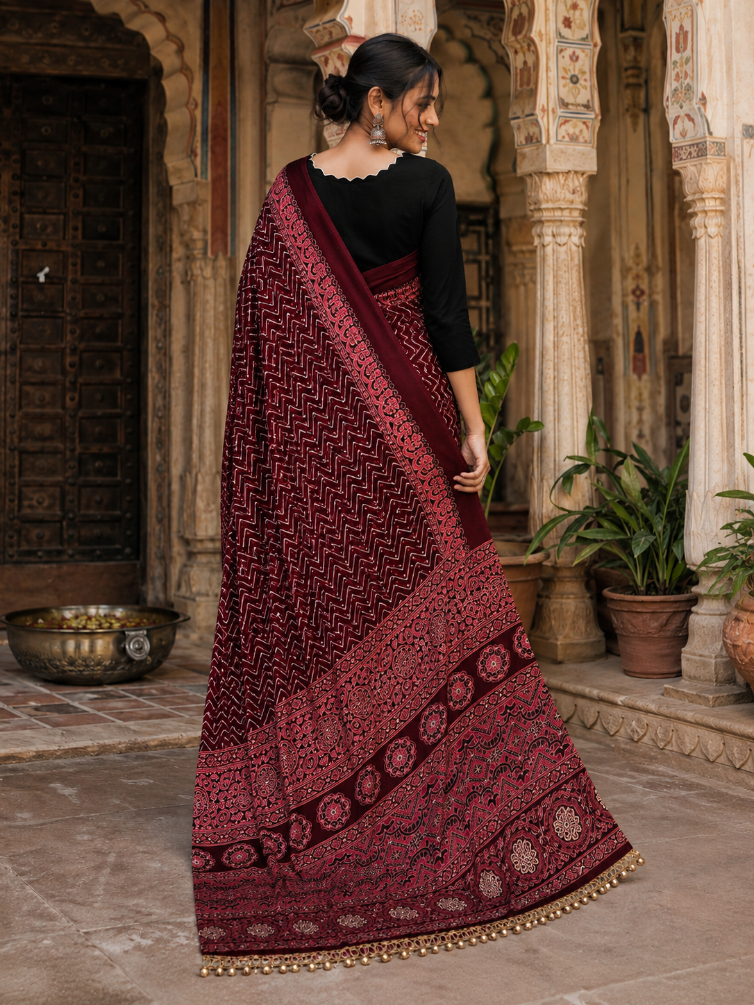 Premium Satin Silk Ajrarakh Print Saree with Unstitched Blouse(Maroon)