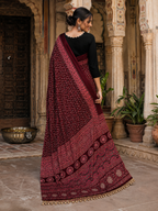 Premium Satin Silk Ajrarakh Print Saree with Unstitched Blouse(Maroon)