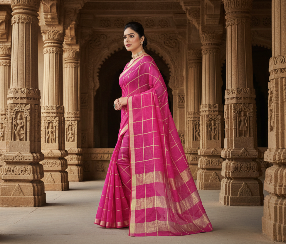 Women's kota doria cotton checked saree with blouse (rani, 5 6 mtrs) kashvii
