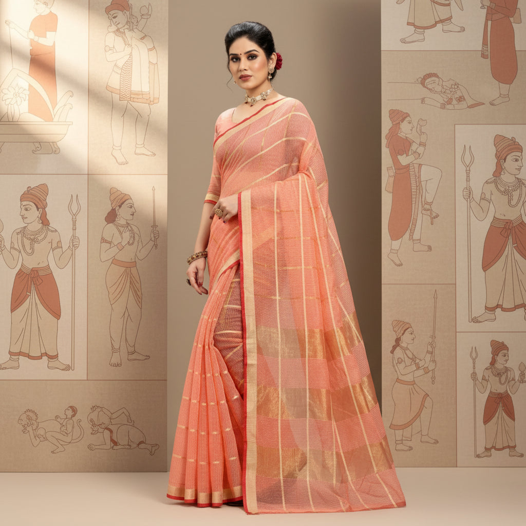 Women's Kota Doria Cotton Checked Saree With Blouse (Peach, 5-6 Mtrs) Kashvii
