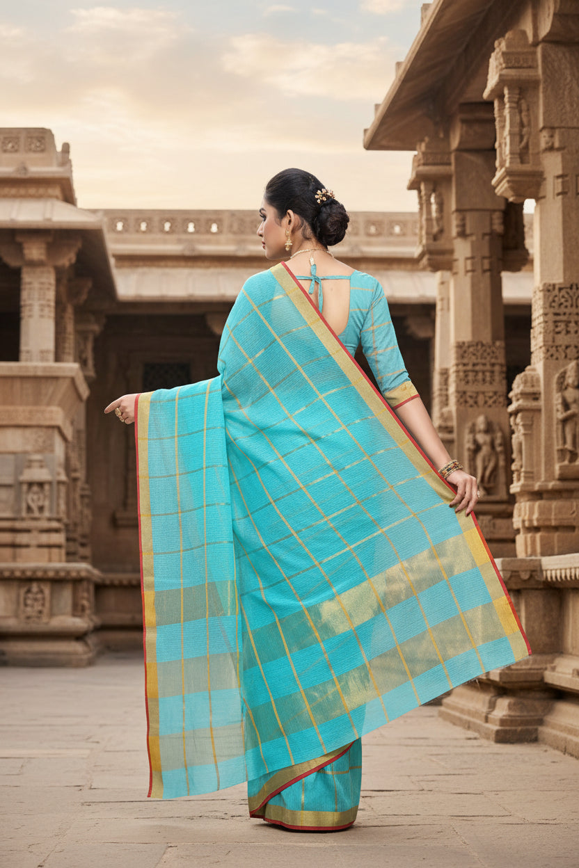 Women's Kota Doria Cotton Checked Saree With Blouse (Sky Blue, 5-6 Mtrs) Kashvii