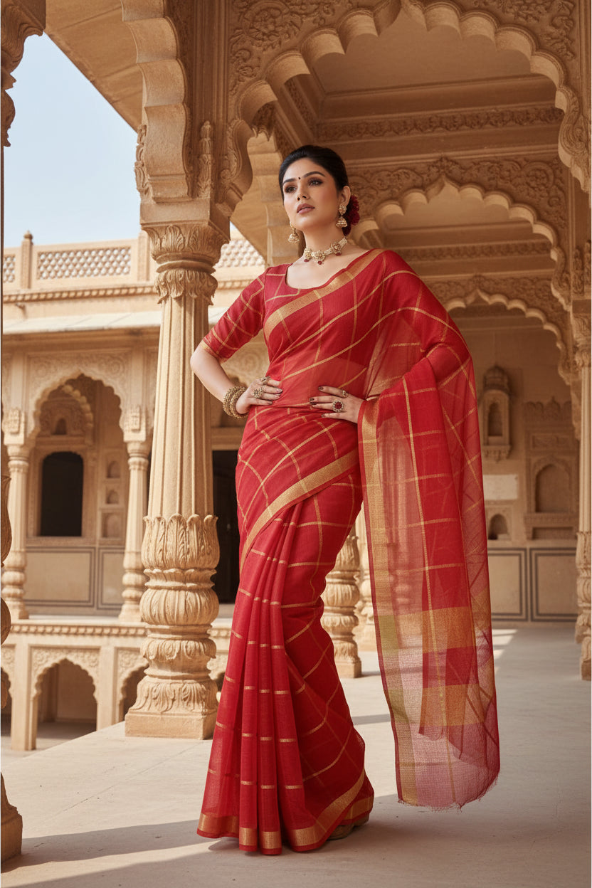 Women's kota doria cotton checked saree with blouse (red, 5 6 mtrs) kashvii