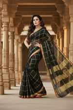 Load image into Gallery viewer, Women's Kota Doria Cotton Checked Saree With Blouse (Black, 5-6 Mtrs) Kashvii
