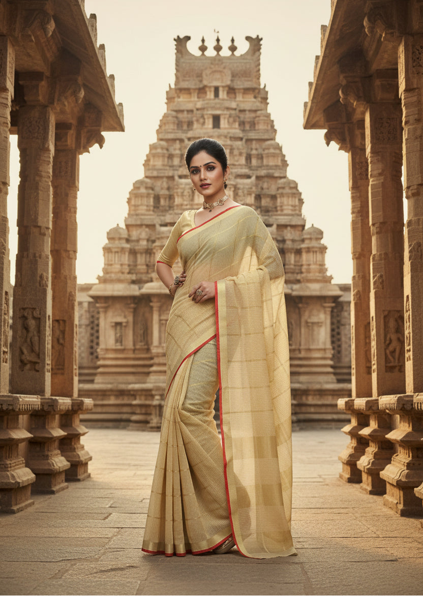 Women's Kota Doria Cotton Checked Saree With Blouse (Beige, 5-6 Mtrs) Kashvii