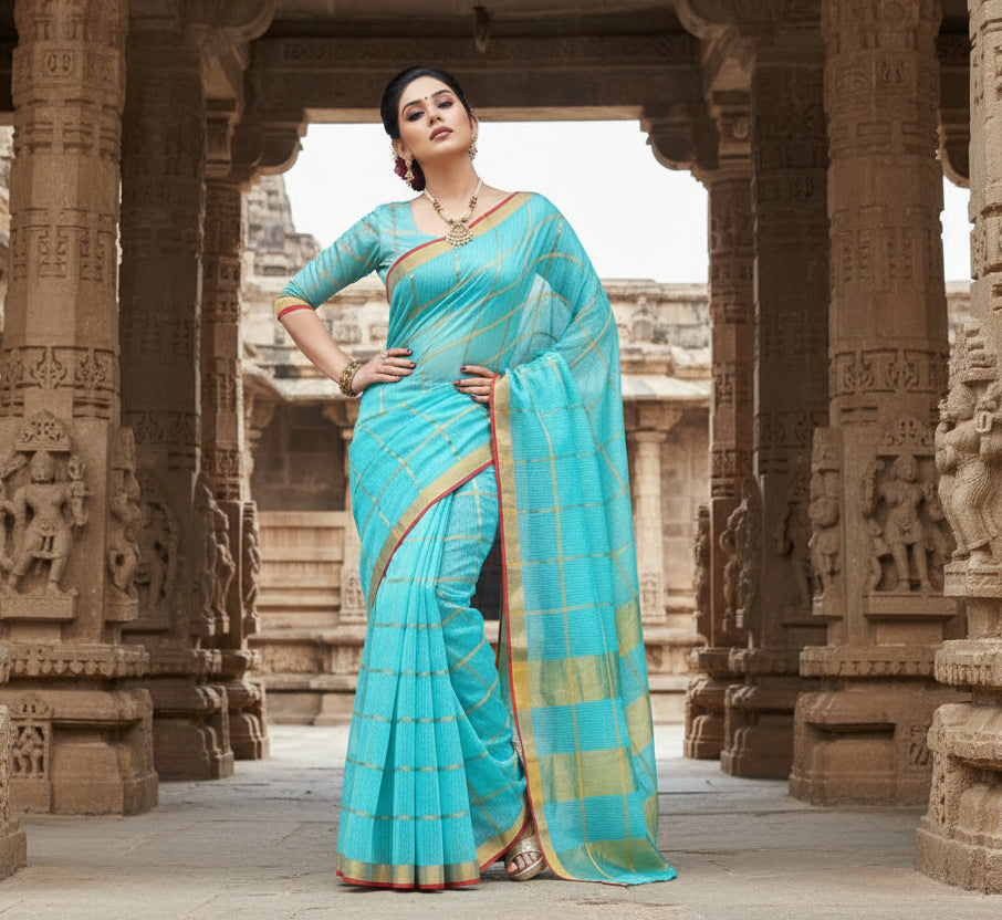 Women's kota doria cotton checked saree with blouse (sky blue, 5 6 mtrs) kashvii