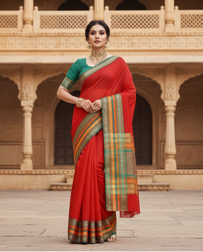 Women's Kota Doria Cotton Bordered Saree With Blouse (Red, 5-6 Mtrs) Kashvii