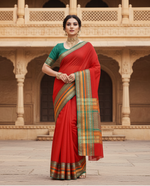 Load image into Gallery viewer, Women's Kota Doria Cotton Bordered Saree With Blouse (Red, 5-6 Mtrs) Kashvii
