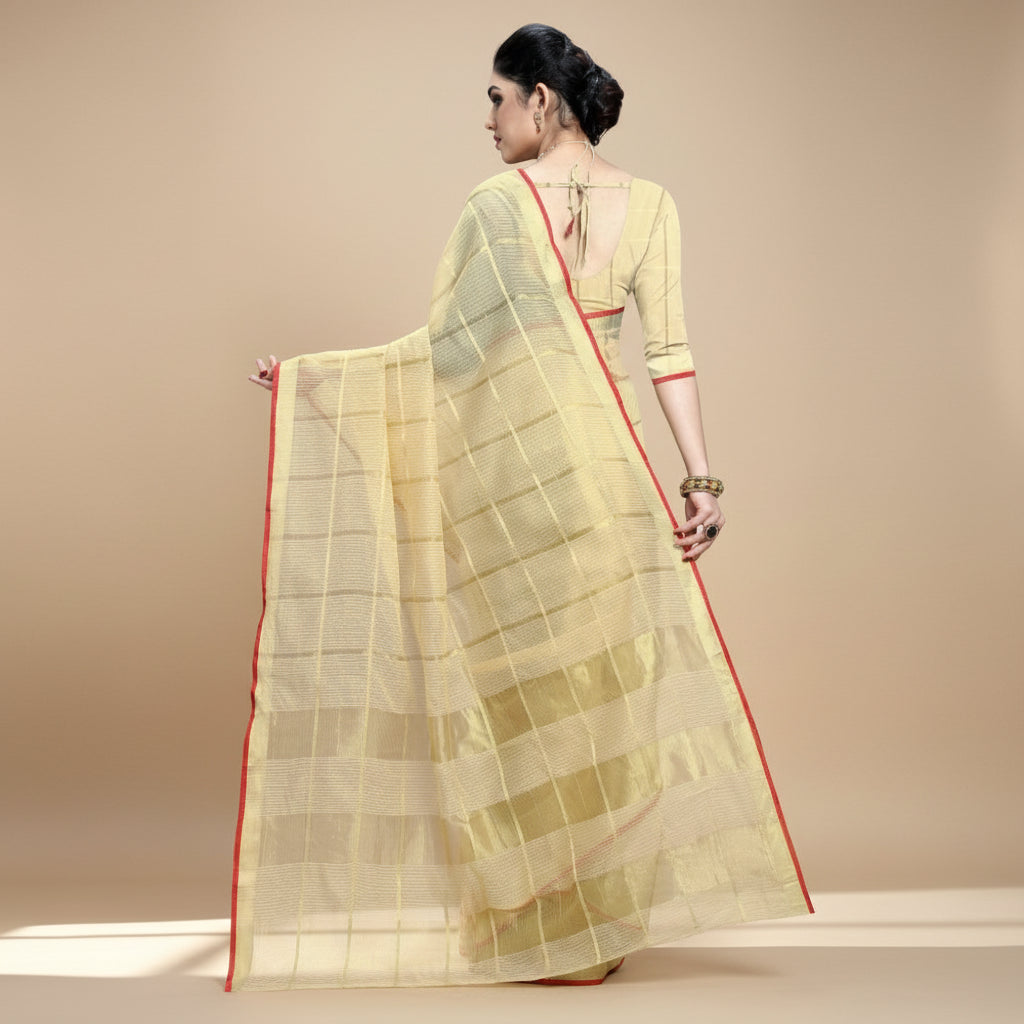 Women's Kota Doria Cotton Checked Saree With Blouse (Beige, 5-6 Mtrs) Kashvii