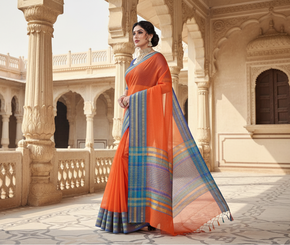 Women's Kota Doria Cotton Bordered Saree With Blouse (Fanta, 5-6 Mtrs) Kashvii