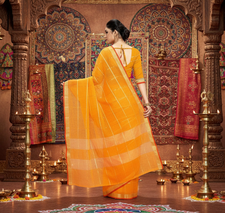 Women's Kota Doria Cotton Checked Saree With Blouse (Yellow, 5-6 Mtrs) Kashvii