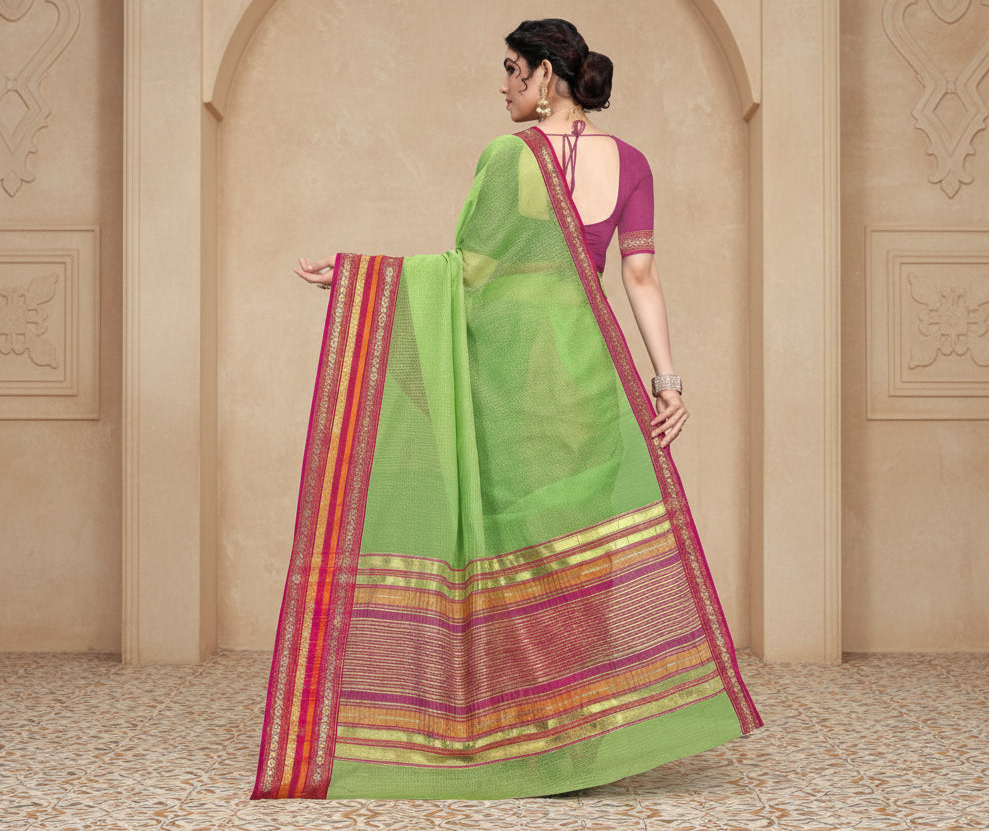 Women's Kota Doria Cotton Bordered Saree With Blouse (Light Green, 5-6 Mtrs) Kashvii