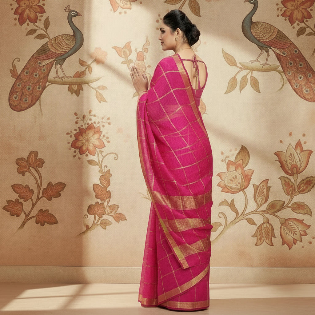 Women's Kota Doria Cotton Checked Saree With Blouse (Rani, 5-6 Mtrs) Kashvii