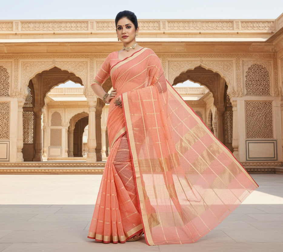 Women's Kota Doria Cotton Checked Saree With Blouse (Peach, 5-6 Mtrs) Kashvii