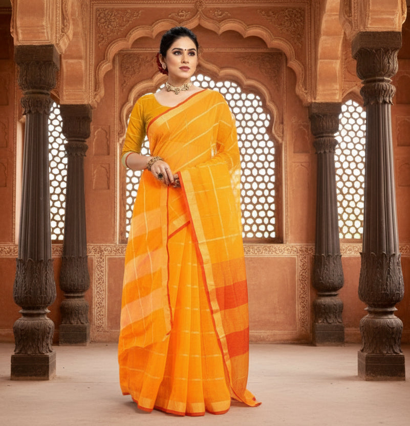 Women's Kota Doria Cotton Checked Saree With Blouse (Yellow, 5-6 Mtrs) Kashvii