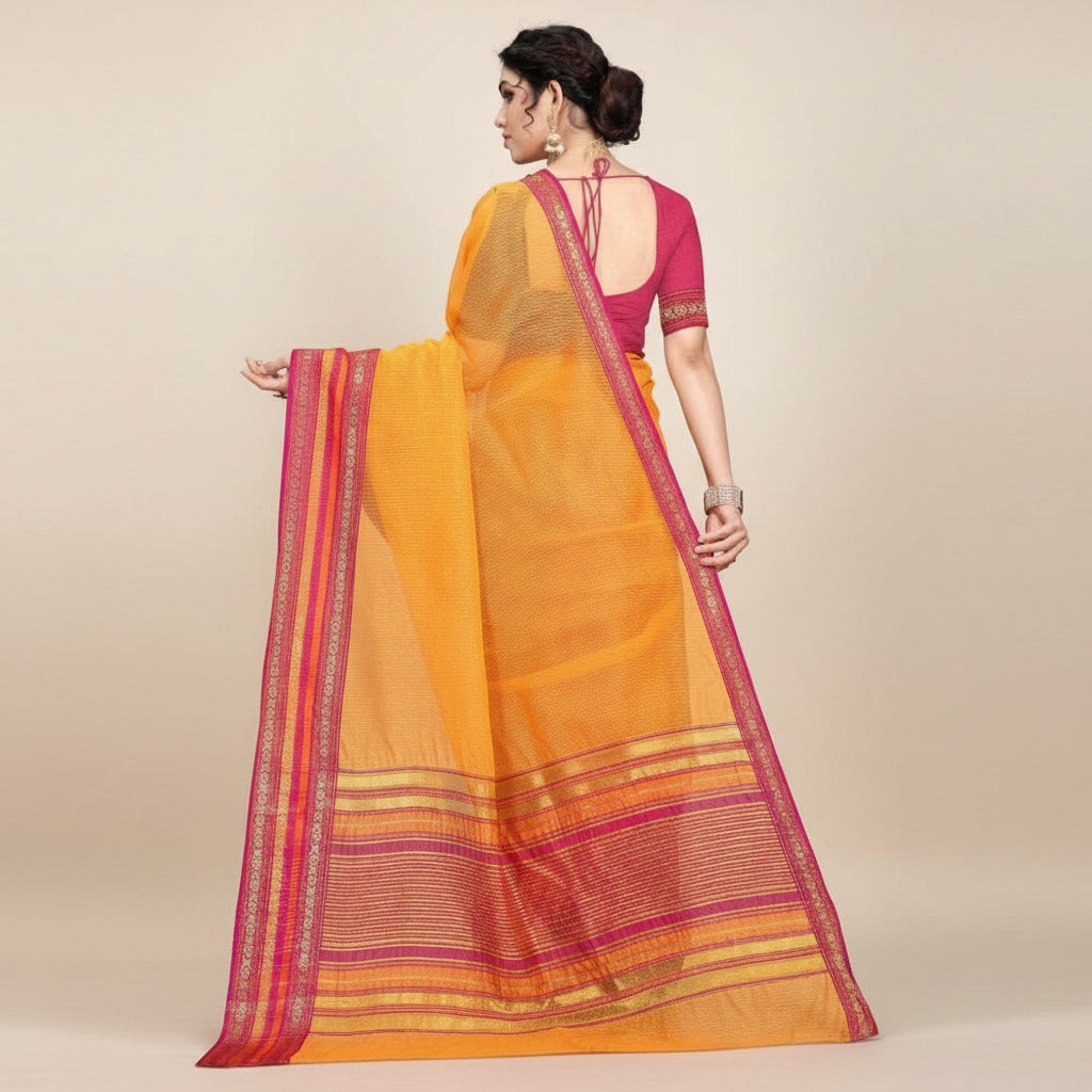 Women's Kota Doria Cotton Bordered Saree With Blouse (Gold, 5-6 Mtrs) Kashvii
