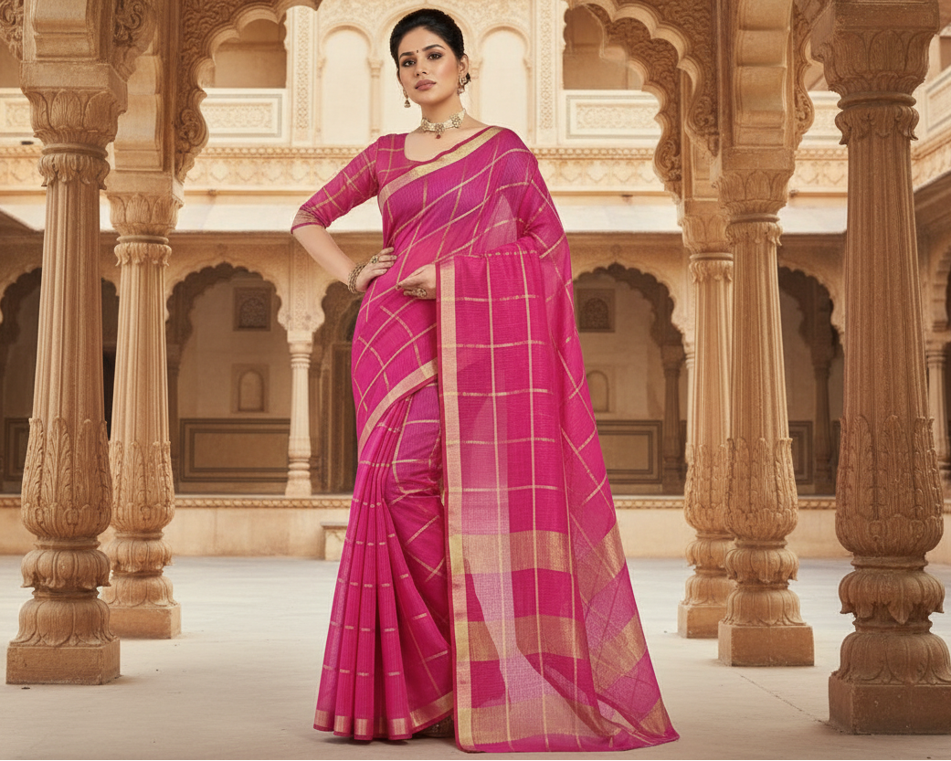Women's Kota Doria Cotton Checked Saree With Blouse (Rani, 5-6 Mtrs) Kashvii