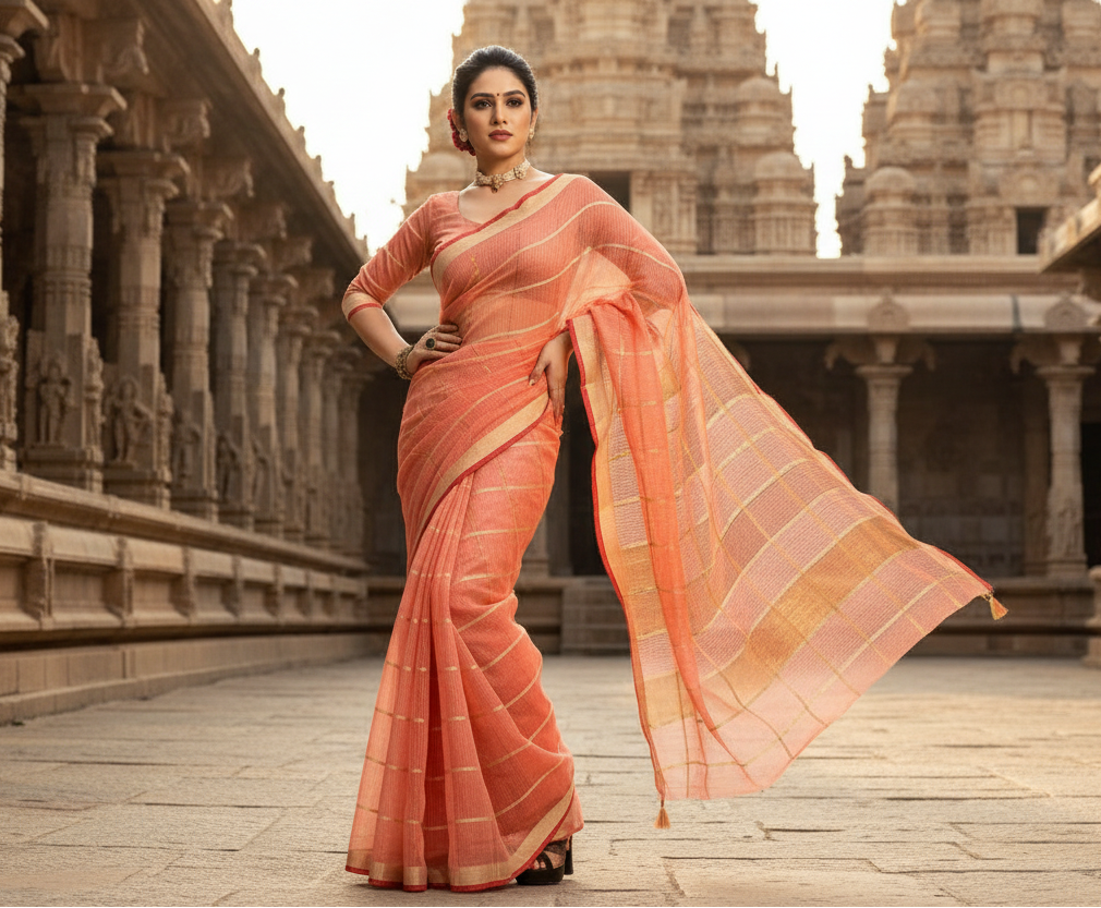 Women's Kota Doria Cotton Checked Saree With Blouse (Peach, 5-6 Mtrs) Kashvii