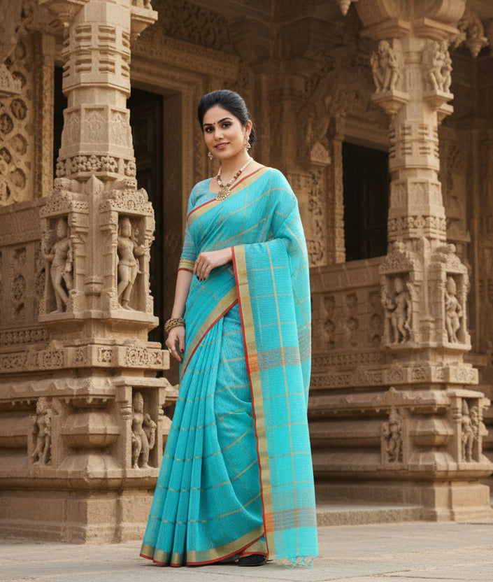 Women's Kota Doria Cotton Checked Saree With Blouse (Sky Blue, 5-6 Mtrs) Kashvii