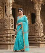 Load image into Gallery viewer, Women's Kota Doria Cotton Checked Saree With Blouse (Sky Blue, 5-6 Mtrs) Kashvii
