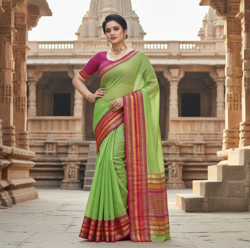 Women's Kota Doria Cotton Bordered Saree With Blouse (Light Green, 5-6 Mtrs) Kashvii
