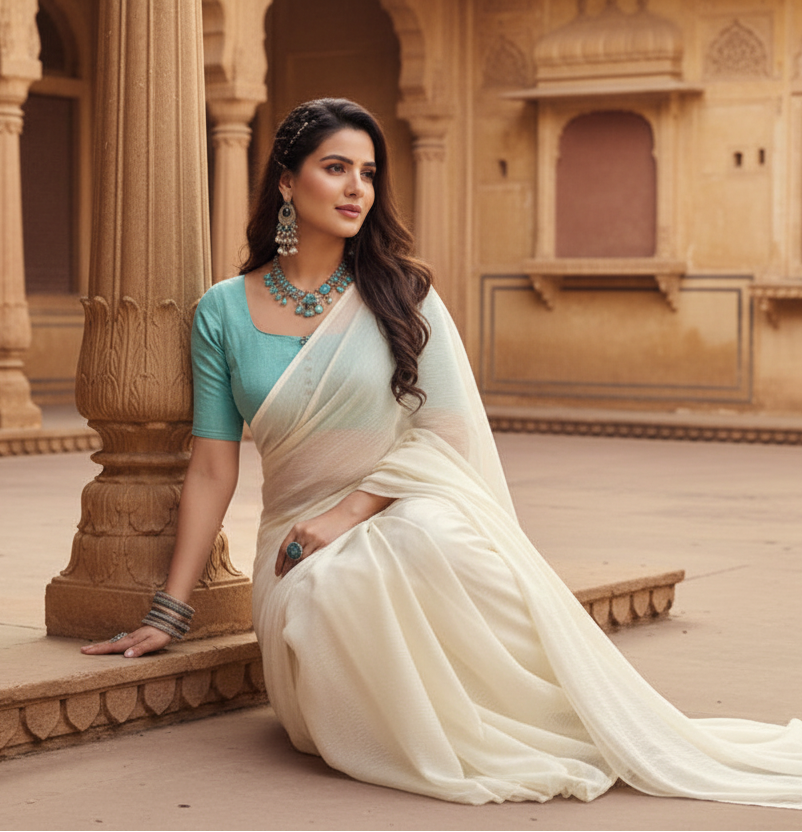 Women's Georgette Plain Saree With Blouse (white, 5-6 Mtrs)