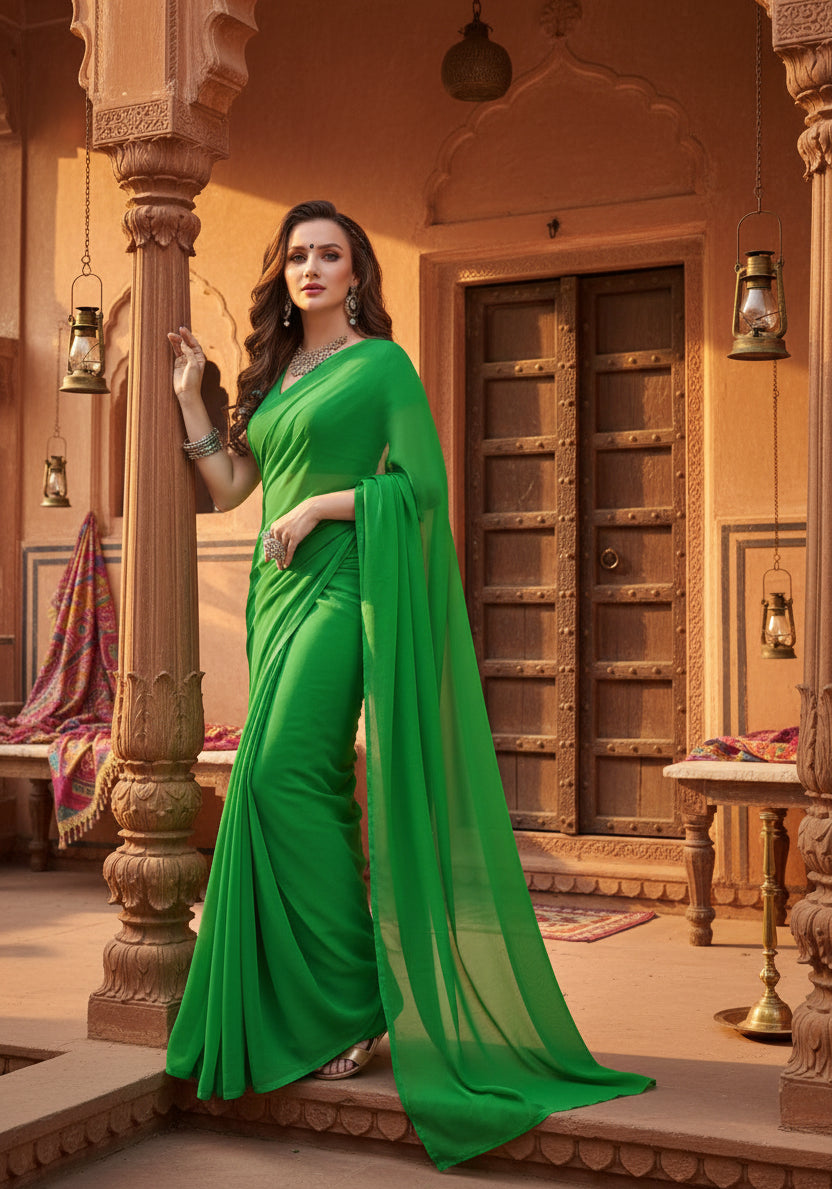 Women's Georgette Plain Saree With Blouse (Dark Green, 5-6 Mtrs) Kashvii
