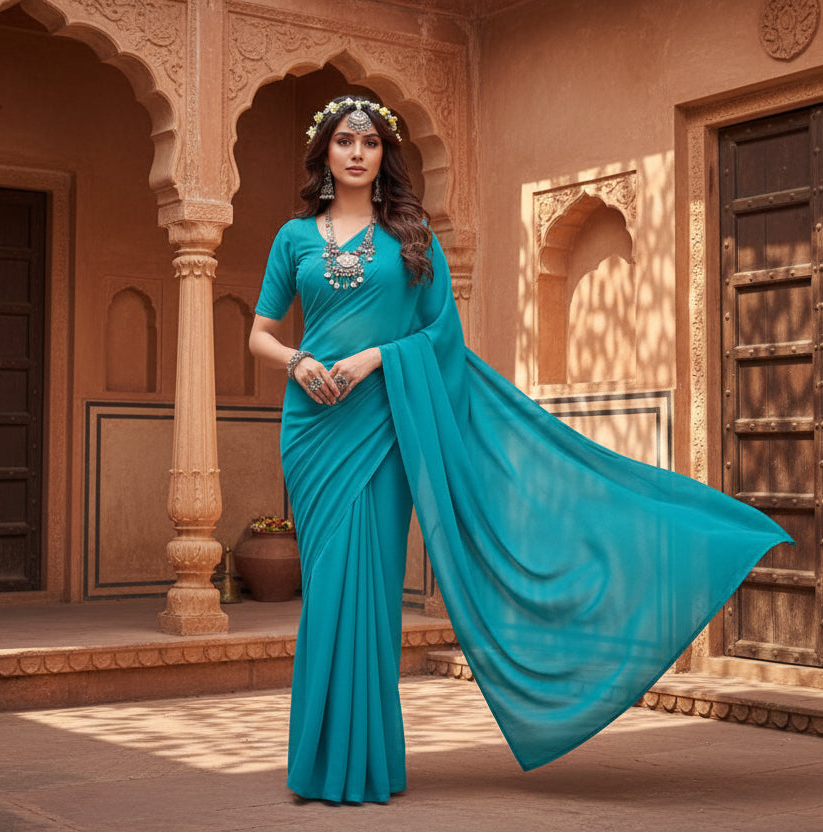 Women's georgette plain saree with blouse (dark firozi, 5 6 mtrs) kashvii