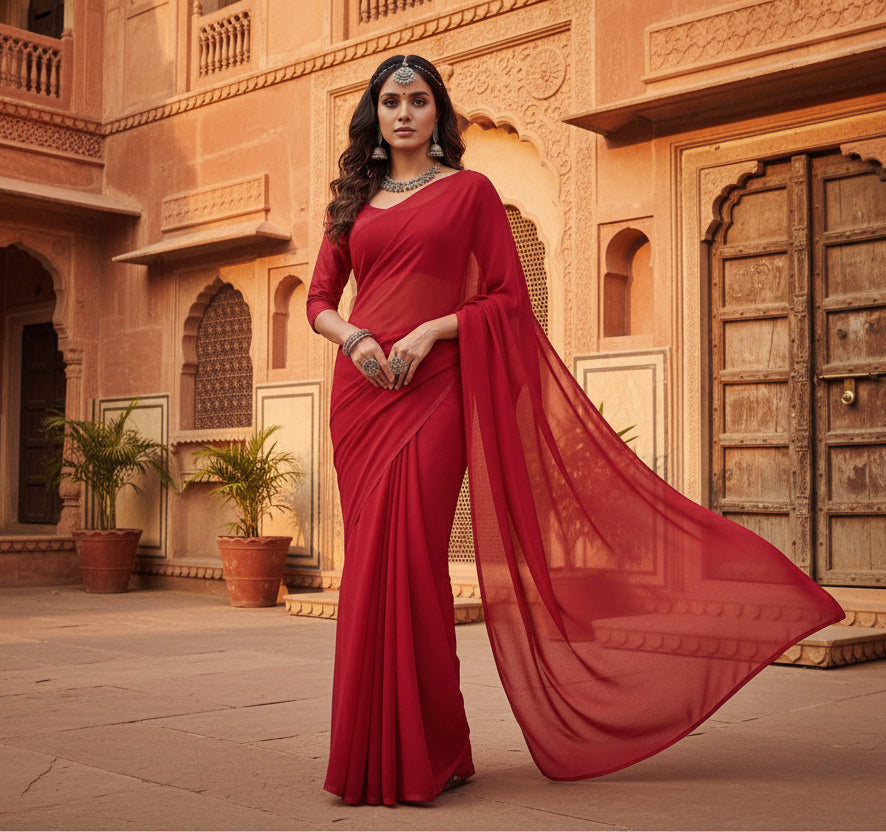 Women's Georgette Plain Saree With Blouse (Red, 5-6 Mtrs) Kashvii
