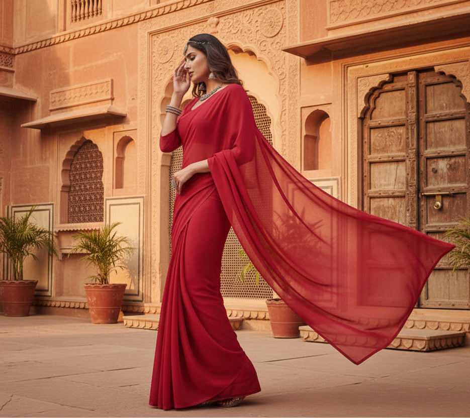 Women's Georgette Plain Saree With Blouse (Red, 5-6 Mtrs)