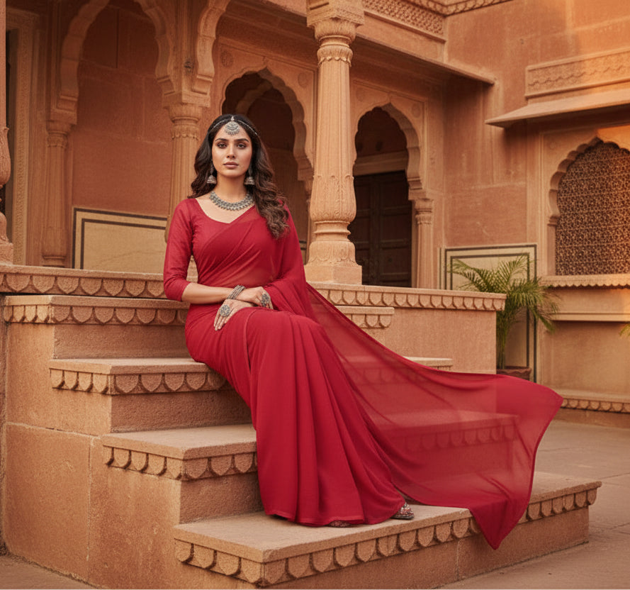 Women's Georgette Plain Saree With Blouse (Red, 5-6 Mtrs)