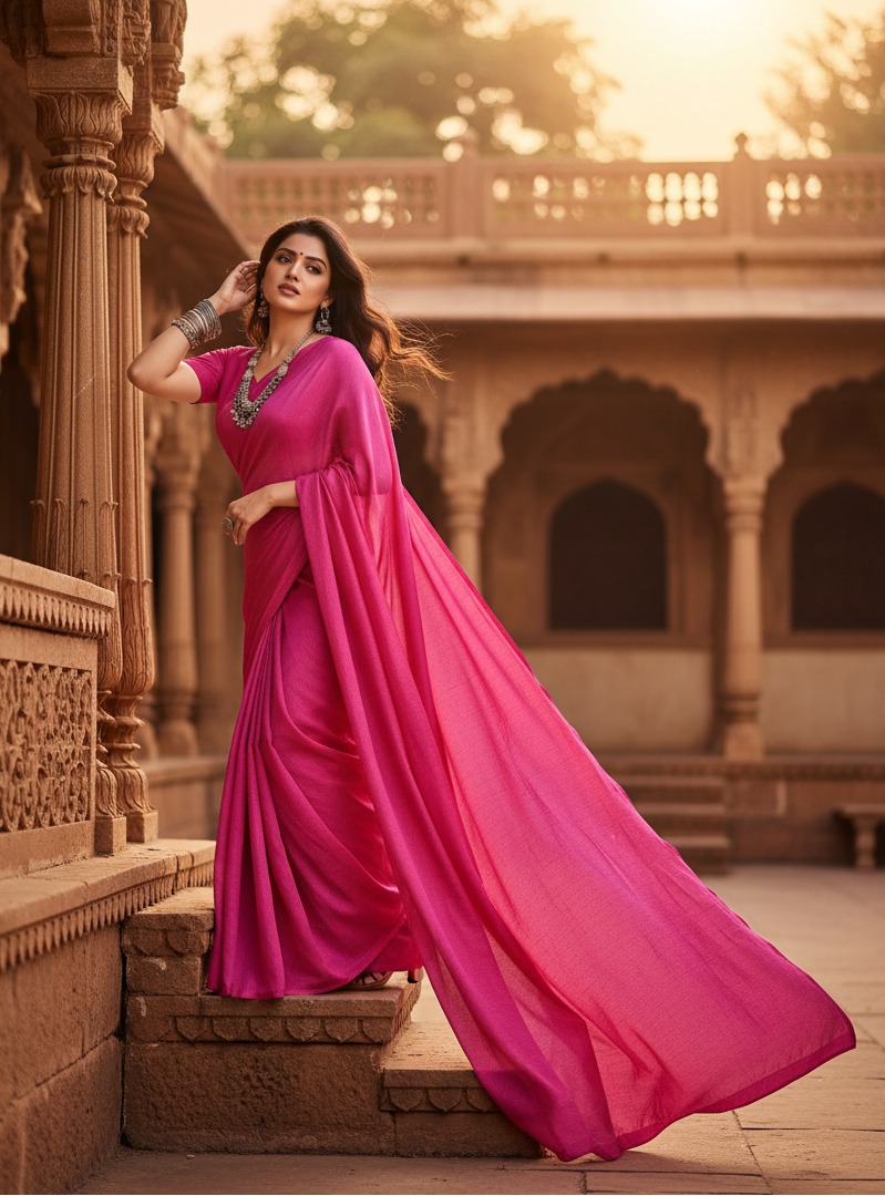 Women's Georgette Plain Saree With Blouse (Pink, 5-6 Mtrs) Kashvii