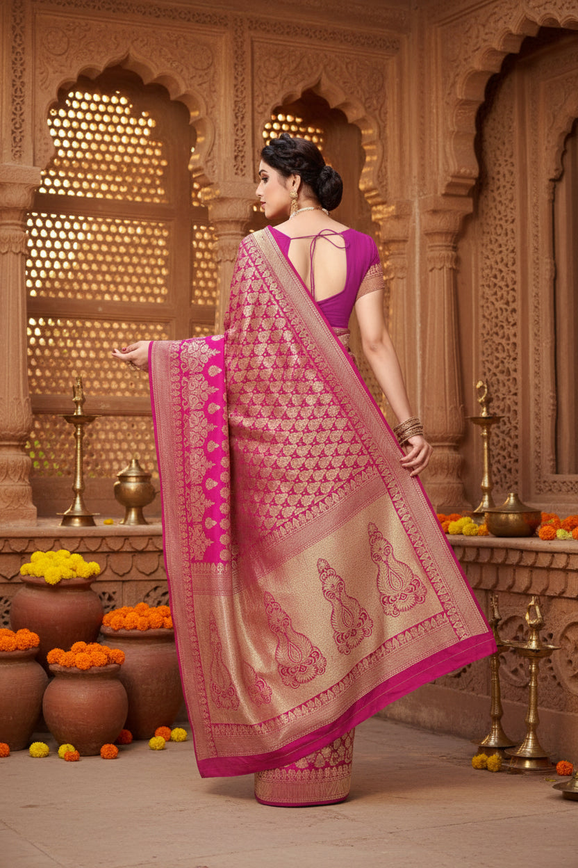 Women's Jacquard Silk Kanjivaram Jacquard Silk Saree With Blouse (Pink, 5-6 Mtrs)