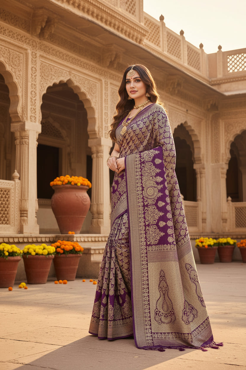 Women's Jacquard Silk Kanjivaram Jacquard Silk Saree With Blouse (Jamli, 5-6 Mtrs)