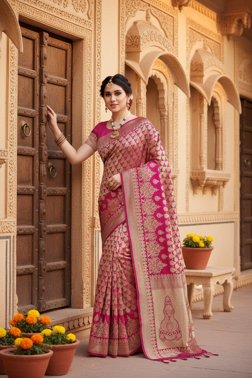 Women's Jacquard Silk Kanjivaram Jacquard Silk Saree With Blouse (Pink, 5-6 Mtrs)