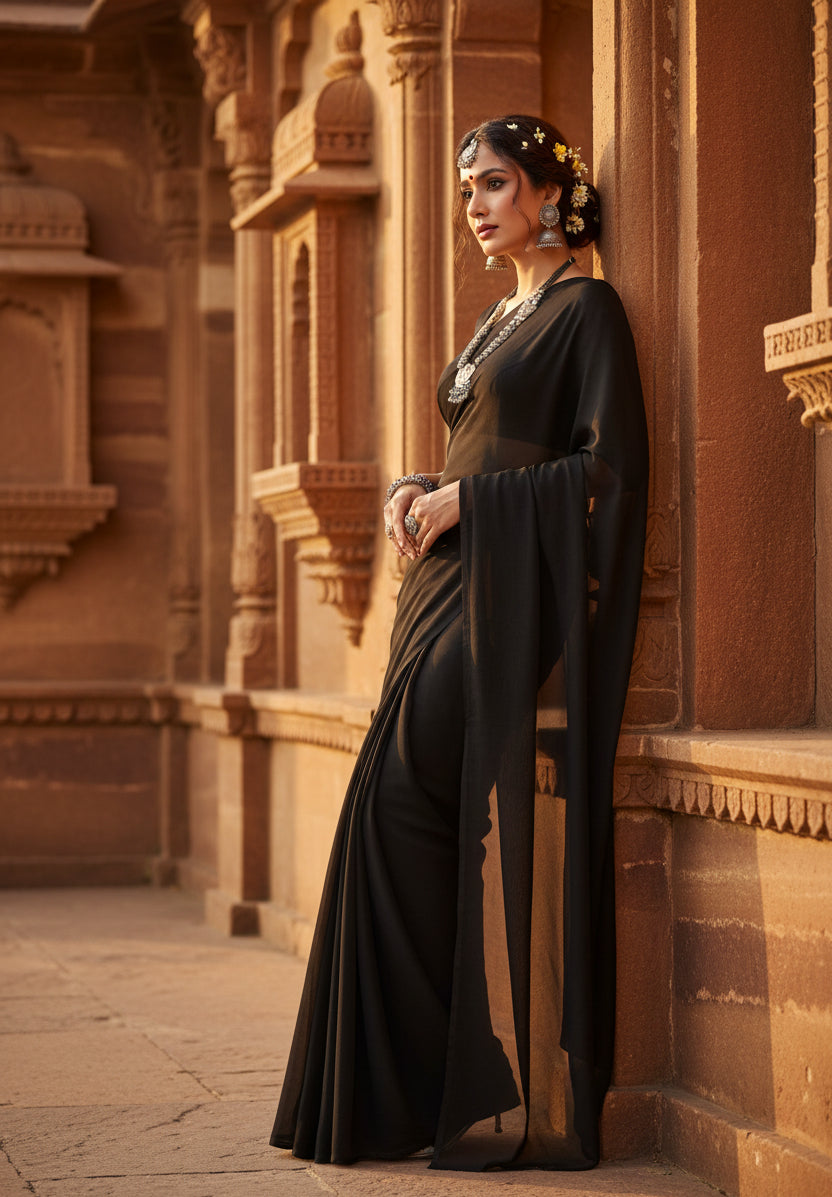 Women's Georgette Plain Saree With Blouse (Black, 5-6 Mtrs) Kashvii