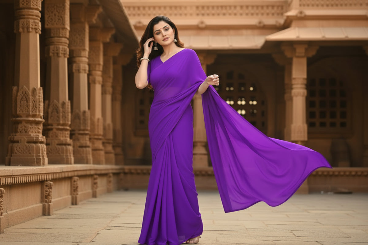 Women's georgette plain saree with blouse (purple, 5 6 mtrs)