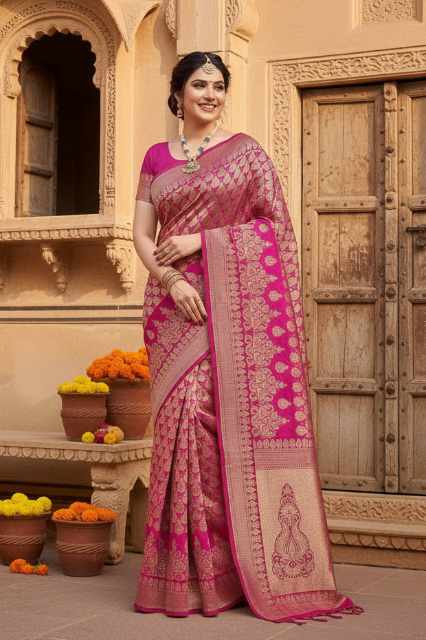 Women's Jacquard Silk Kanjivaram Jacquard Silk Saree With Blouse (Pink, 5-6 Mtrs)